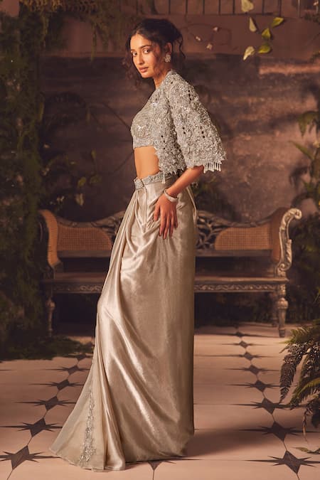 Buy_Roqa_Ivory Net, Modal, Satin Embroidery, Sequins Designer Jacket Blouse Skirt Set _Online_at_Aza_Fashions