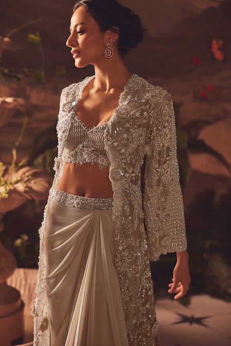 Roqa_Ivory Net, Modal, Satin Sequins, Beads Round Neck Designer Jacket Skirt Set _Online_at_Aza_Fashions