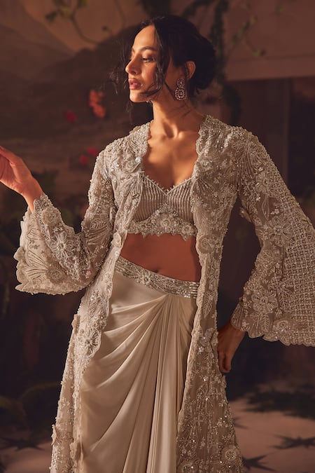 Buy_Roqa_Ivory Net, Modal, Satin Sequins, Beads Round Neck Designer Jacket Skirt Set _Online_at_Aza_Fashions