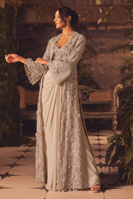 Shop_Roqa_Ivory Net, Modal, Satin Sequins, Beads Round Neck Designer Jacket Skirt Set _Online_at_Aza_Fashions