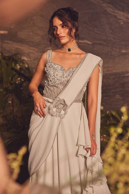 Buy_Roqa_Silver Georgette Beads, Embroidery Round Neck Ivory Designer Saree Gown _Online_at_Aza_Fashions