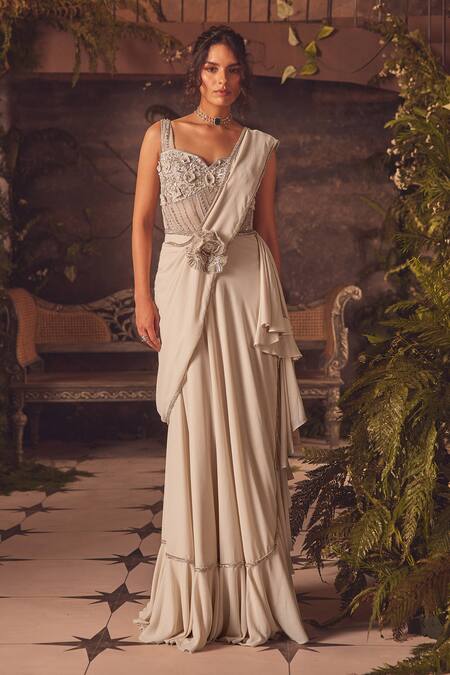 Shop_Roqa_Silver Georgette Beads, Embroidery Round Neck Ivory Designer Saree Gown _Online_at_Aza_Fashions