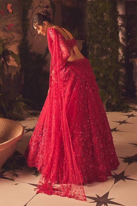 Roqa_Magenta Net Embroidery, Sequins, Beads Round Neck Designer Roseate Lehenga Set _at_Aza_Fashions