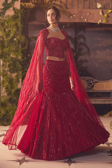 Roqa Red Net Sequins Off-shoulder Designer Lehenga Set 