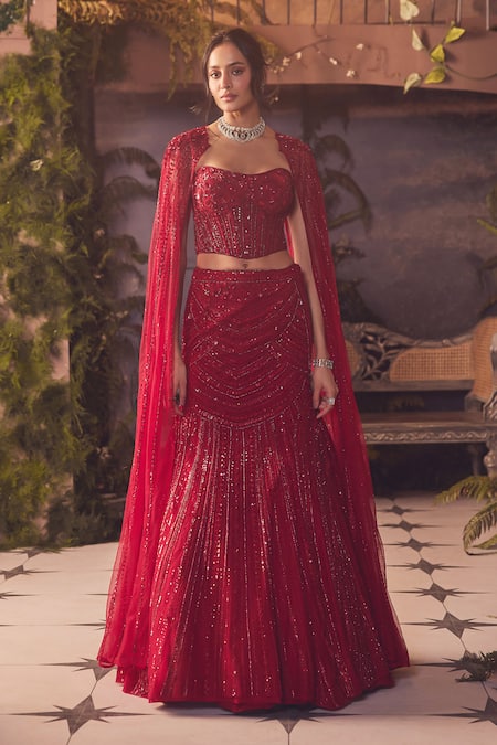 Roqa_Red Net Sequins Off-shoulder Designer Lehenga Set _at_Aza_Fashions