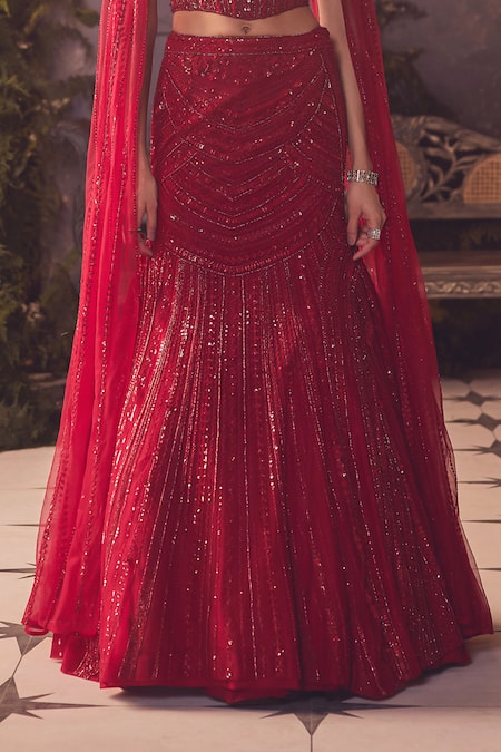 Buy_Roqa_Red Net Sequins Off-shoulder Designer Lehenga Set 