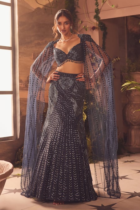 Buy_Roqa_Blue Net Sequins, Beads Round Neck Designer Embellished Lehenga Set _Online_at_Aza_Fashions