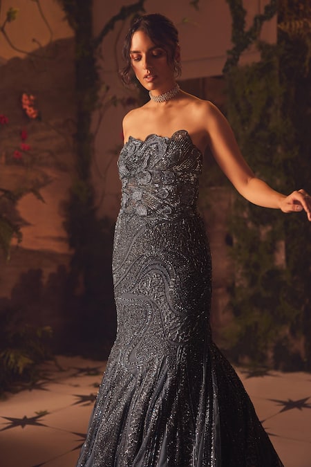 Roqa_Blue Net Beads Sweetheart Neck Lucent Designer Gown _Online_at_Aza_Fashions
