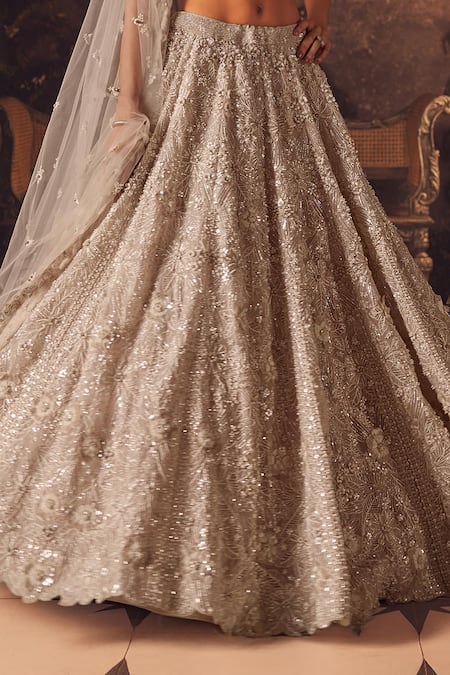 Roqa_Ivory Net, Organza Sequins, Beads, Embroidery Luminous Designer Lehenga Set _Online_at_Aza_Fashions