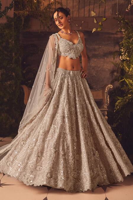 Buy_Roqa_Ivory Net, Organza Sequins, Beads, Embroidery Luminous Designer Lehenga Set _Online_at_Aza_Fashions