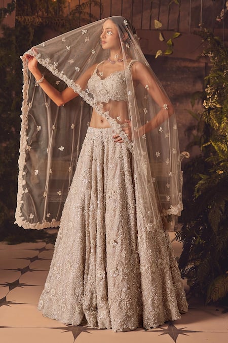 Roqa Ivory Net, Organza Sequins, Beads, Embroidery Luminous Designer Lehenga Set 