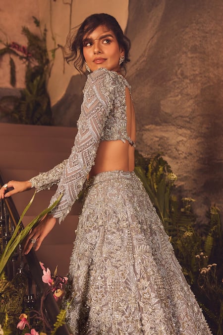 Buy_Roqa_Purple Net, Organza Sequins, Beads, Embroidery Designer Limerence Lehenga Set _Online_at_Aza_Fashions