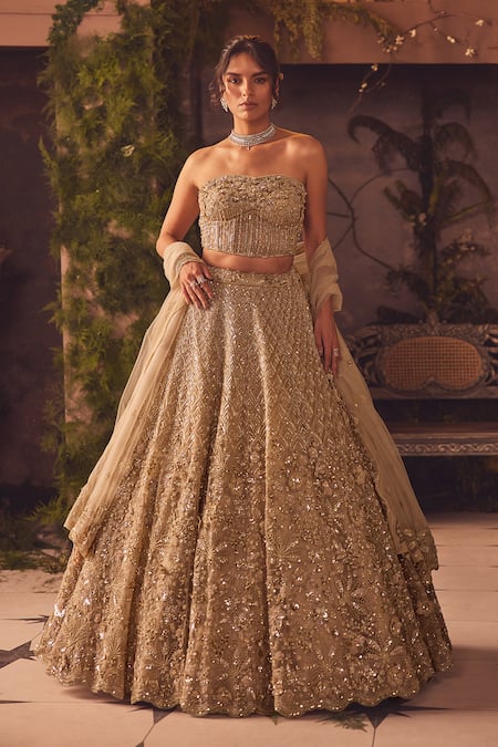 Roqa Gold Net Sequins, Embroidery Open Neck Designer Lehenga Set 
