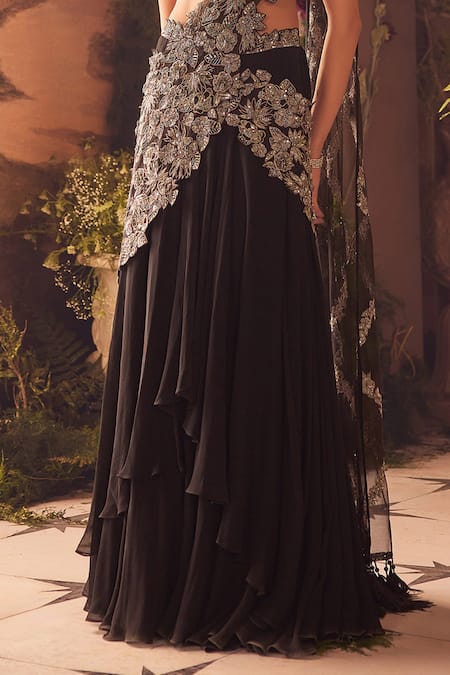 Roqa_Black Georgette, Net Sequins, Embroidery Designer Pre-draped Saree And Blouse Set _Online_at_Aza_Fashions