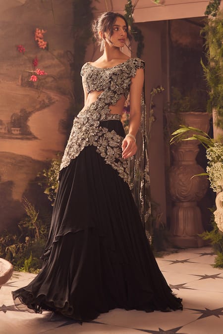 Buy_Roqa_Black Georgette, Net Sequins, Embroidery Designer Pre-draped Saree And Blouse Set _Online_at_Aza_Fashions