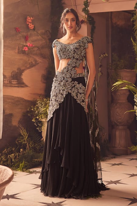 Roqa Black Georgette, Net Sequins, Embroidery Designer Pre-draped Saree And Blouse Set 