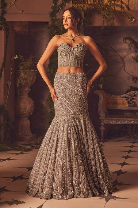 Buy_Roqa_Purple Net Sequins, Embroidery Sweetheart Neck Designer Lehenga Set _Online_at_Aza_Fashions