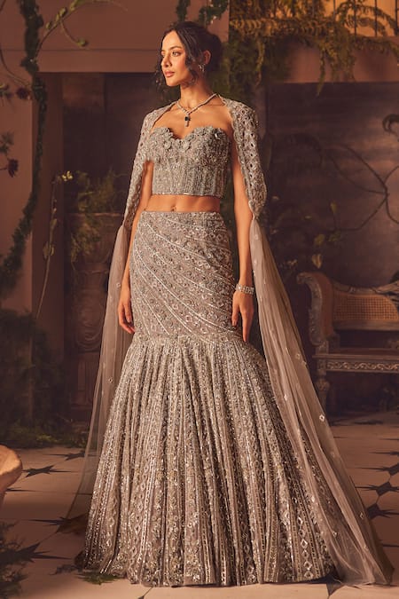 Roqa Purple Net Sequins, Embroidery Sweetheart Neck Designer Lehenga Set 