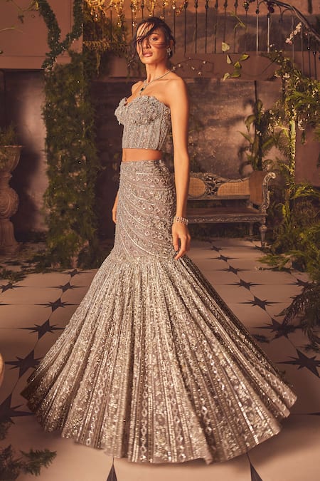 Roqa_Purple Net Sequins, Embroidery Sweetheart Neck Designer Lehenga Set _at_Aza_Fashions