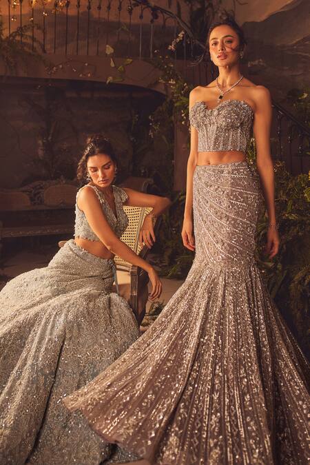 Shop_Roqa_Purple Net Sequins, Embroidery Sweetheart Neck Designer Lehenga Set 