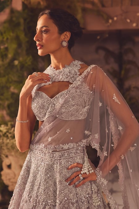 Buy_Roqa_Purple Net Sequins, Embroidery, Beads Halter Neck Designer Lehenga Set _Online_at_Aza_Fashions