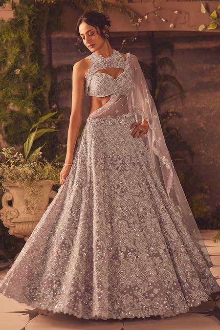Roqa Purple Net Sequins, Embroidery, Beads Halter Neck Designer Lehenga Set 