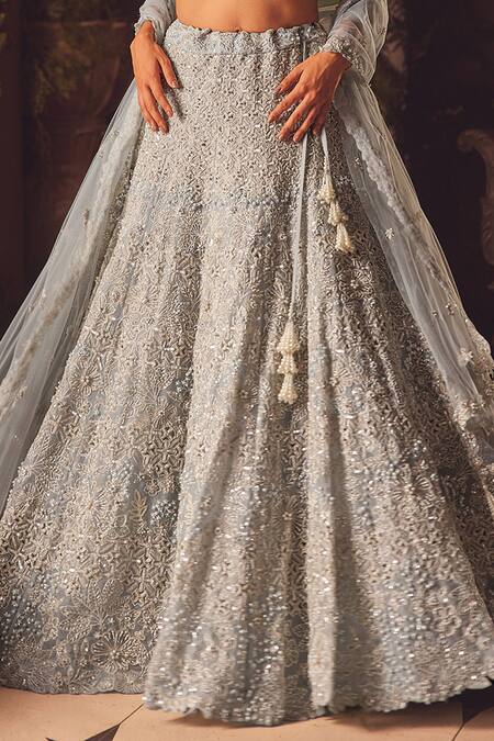 Buy_Roqa_Blue Net Beads, Sequins V-neck Designer Embroidered Lehenga Set _Online_at_Aza_Fashions