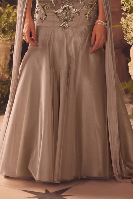Roqa_Gray Net, Organza Beads, Sequins, Embroidery Designer Emerald Cape And Skirt Set _Online_at_Aza_Fashions