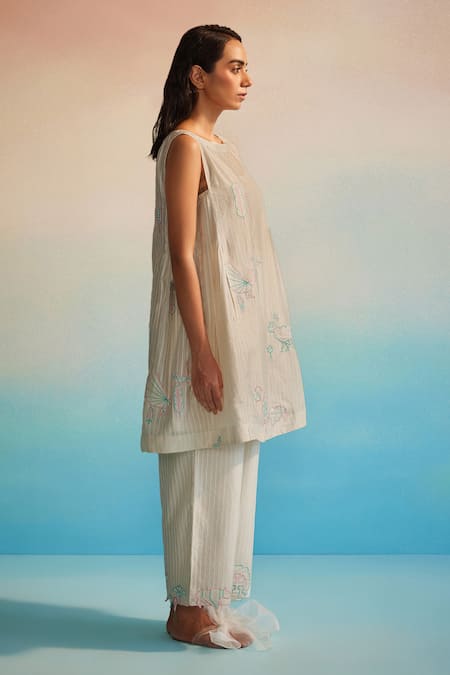 Shop_Ahmev_Ivory Chanderi, Cotton Embroidery Round Neck Hiroko Pleated Kurta And Pant Set _Online_at_Aza_Fashions