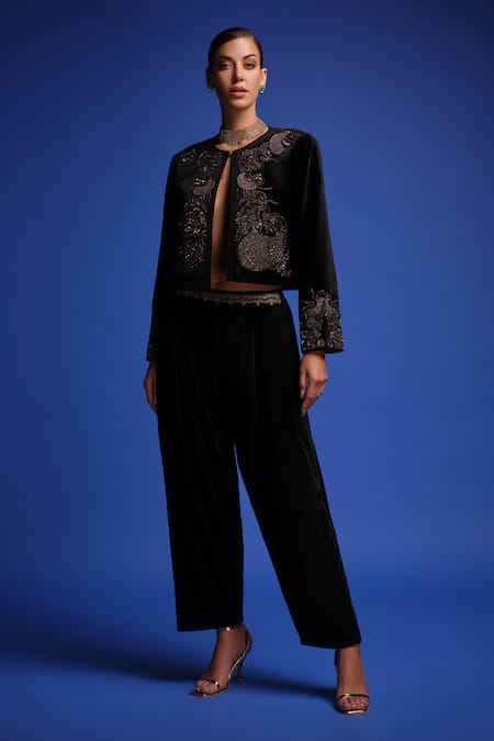 Samyukta Singhania Black Polyester Embroidery Round Neck Velvet Jacket And Pant Set 