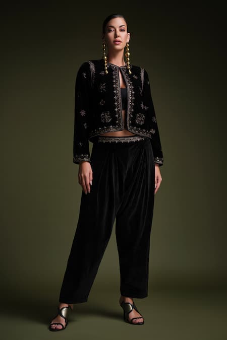 Samyukta Singhania Black Polyester Embroidery Round Neck Velvet Jacket And Pant Set 