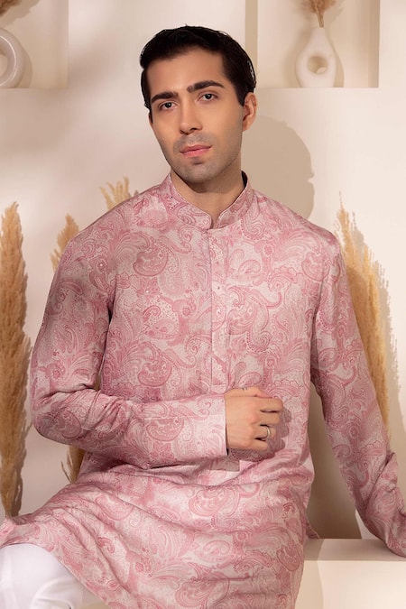 Char Chaand_Pink Satin, Silk Embroidery Designer Blush Kurta _Online_at_Aza_Fashions