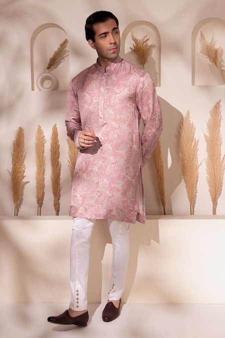 Shop_Char Chaand_Pink Satin, Silk Embroidery Designer Blush Kurta _Online_at_Aza_Fashions