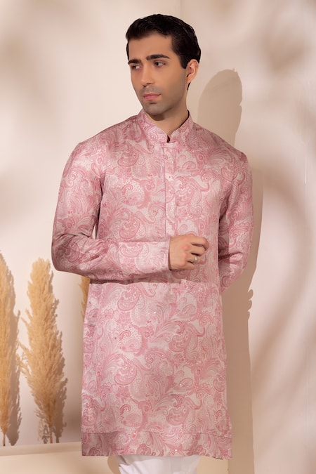 Char Chaand_Pink Satin, Silk Embroidery Designer Blush Kurta _at_Aza_Fashions