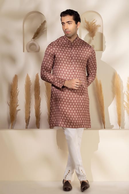 Char Chaand_Brown Satin, Silk Printed Kurta _Online_at_Aza_Fashions