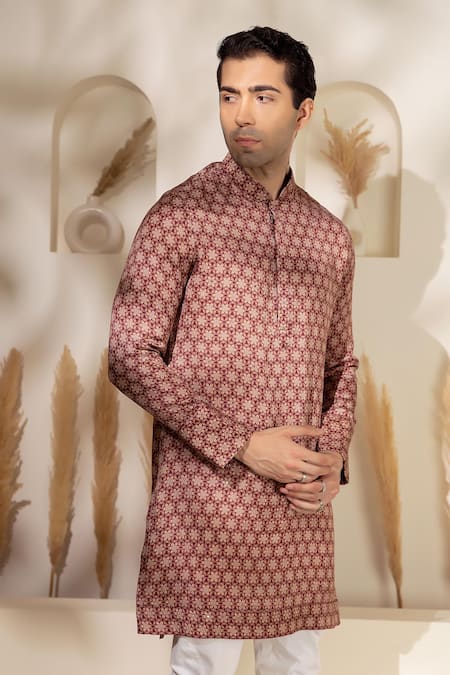 Shop_Char Chaand_Brown Satin, Silk Printed Kurta _Online_at_Aza_Fashions