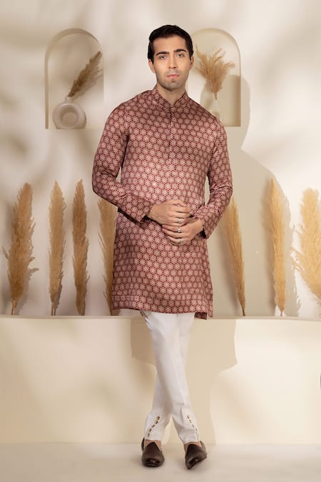 Char Chaand Brown Satin, Silk Printed Kurta 