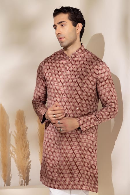 Char Chaand_Brown Satin, Silk Printed Kurta _at_Aza_Fashions
