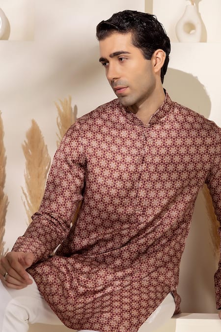 Shop_Char Chaand_Brown Satin, Silk Printed Kurta 