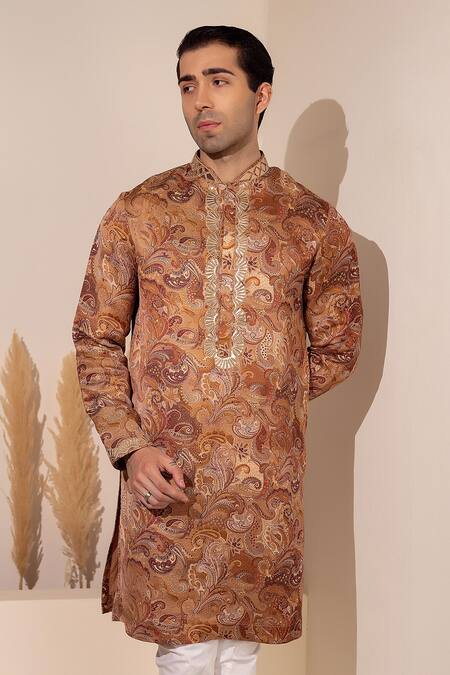 Shop_Char Chaand_Gold Silk Embroidery Designer Kurta _Online_at_Aza_Fashions