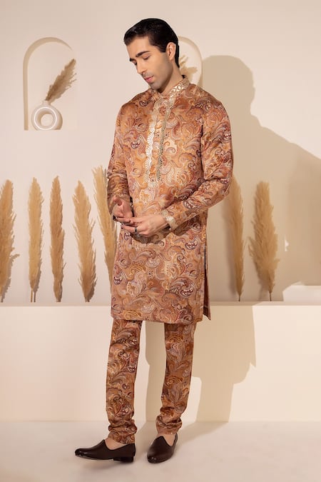 Shop_Char Chaand_Gold Silk Embroidery Copper Designer Kurta Pant Set _Online_at_Aza_Fashions