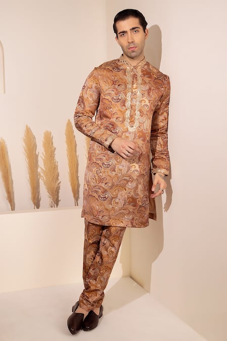 Char Chaand_Gold Silk Embroidery Copper Designer Kurta Pant Set _at_Aza_Fashions