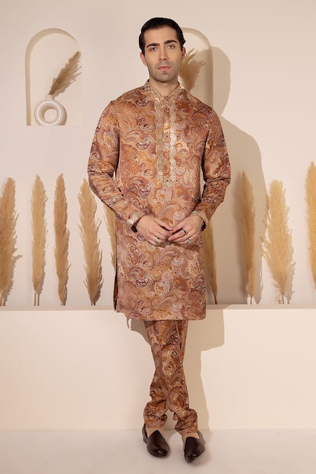 Char Chaand Gold Silk Embroidery Copper Designer Kurta Pant Set 