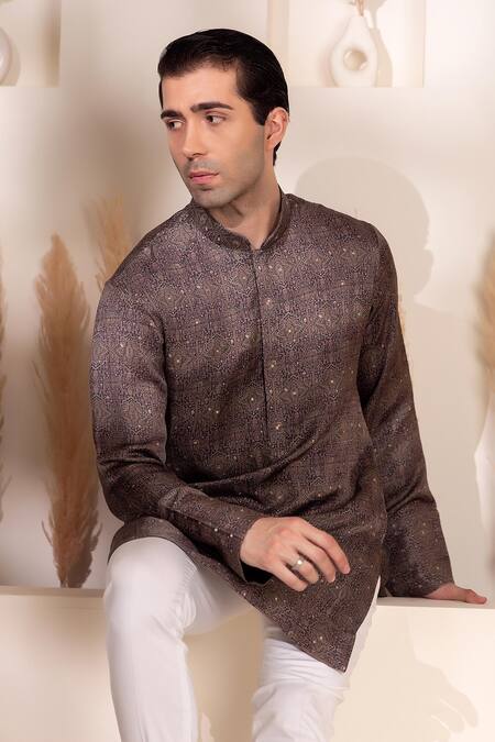 Char Chaand Gray Satin, Silk Embroidery Designer Grey Kurta at Aza Fashions Char Chaand_Gray Satin, Silk Embroidery Designer Grey Kurta _at_Aza_Fashions