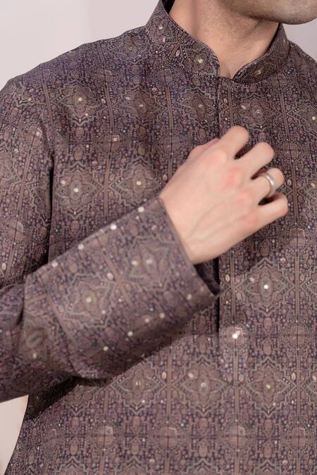 Shop Char Chaand Gray Satin, Silk Embroidery Designer Grey Kurta Shop_Char Chaand_Gray Satin, Silk Embroidery Designer Grey Kurta