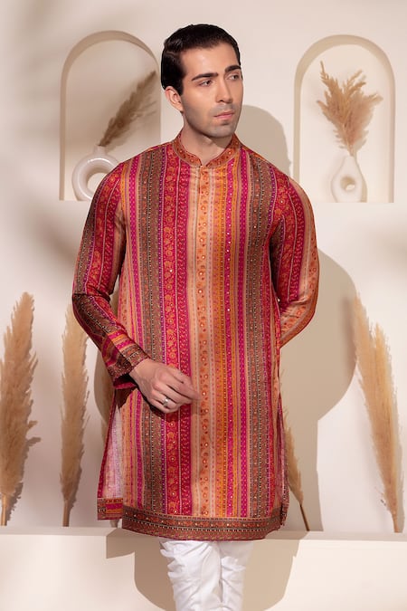 Char Chaand_Pink Satin, Silk Embroidery Multi Color Designer Kurta _Online_at_Aza_Fashions