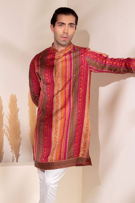 Shop_Char Chaand_Pink Satin, Silk Embroidery Multi Color Designer Kurta _Online_at_Aza_Fashions