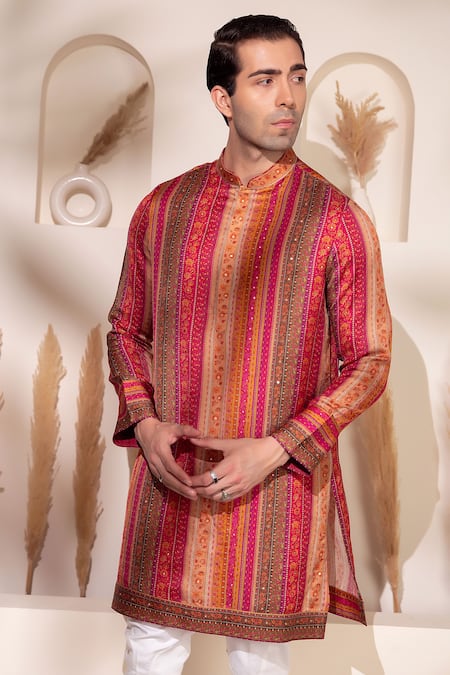 Char Chaand_Pink Satin, Silk Embroidery Multi Color Designer Kurta _at_Aza_Fashions