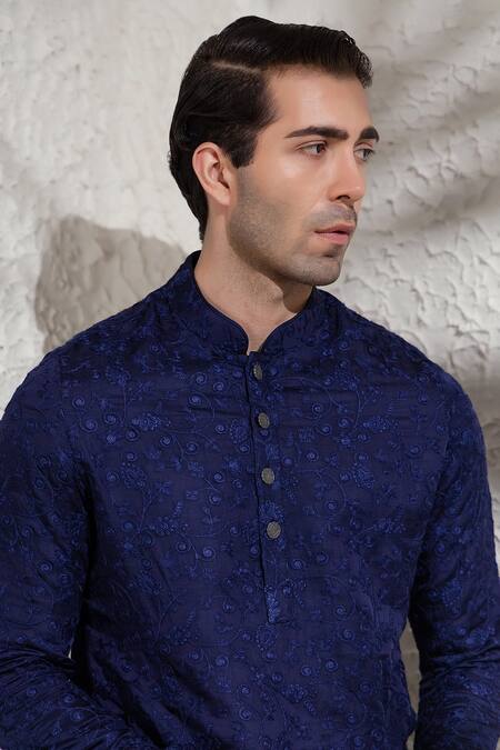 Char Chaand_Blue Linen, Silk Embroidery Designer Kurta _Online_at_Aza_Fashions