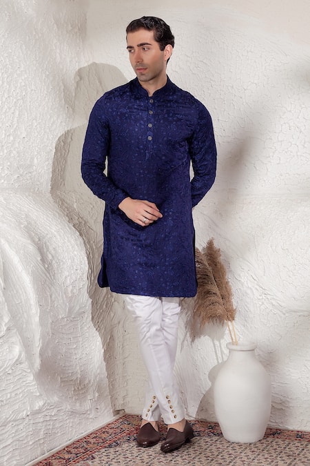 Char Chaand Blue Linen, Silk Embroidery Designer Kurta 